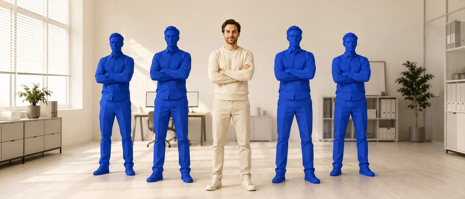 Vier Figuren der Mannschaft stehen um eine Person in der Mitte